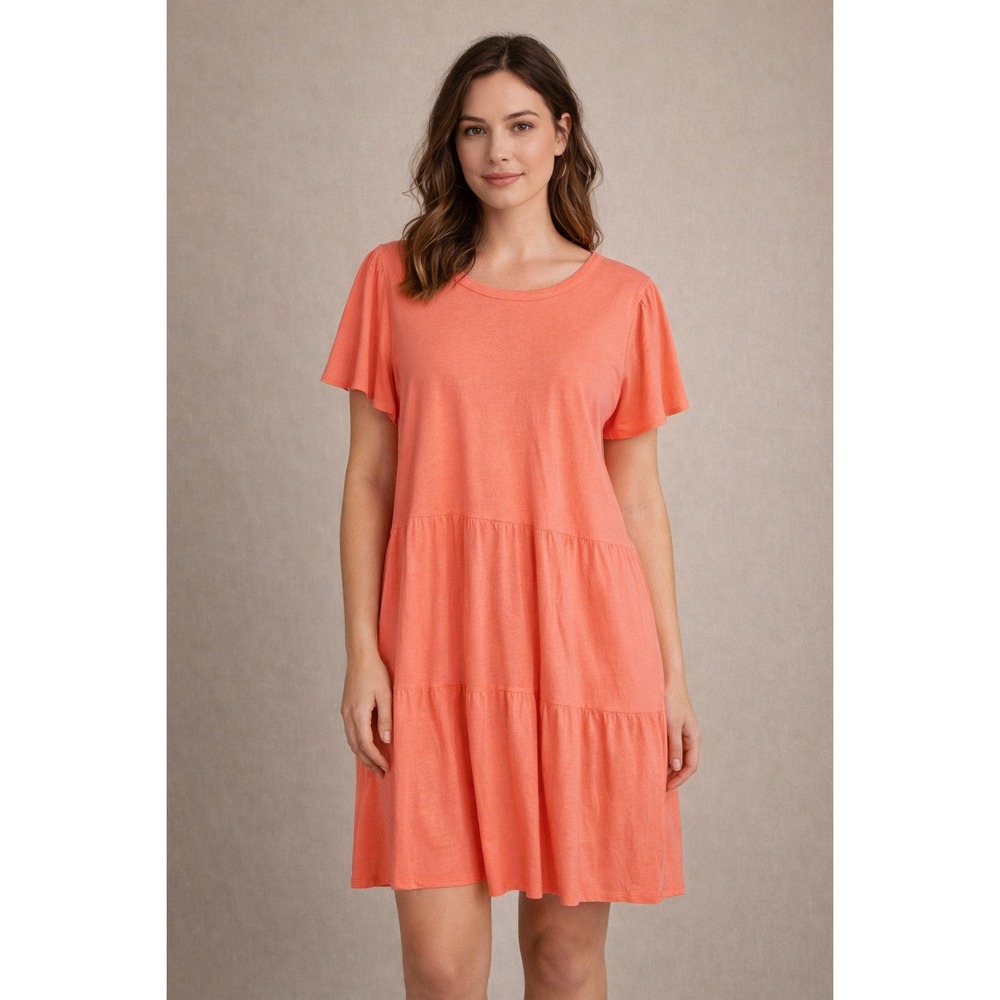 J.Crew Tiered Knit Dress Womens XXL Coral Short Flutter Sleeve Boho Cottage Sun